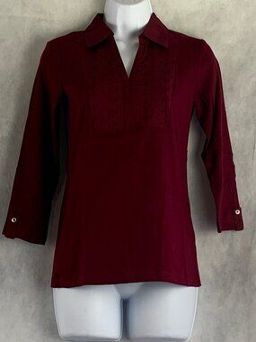 Karen Scott Women's Eyelet-Yoke 3/4-Sleeve Knit Top, Merlot Wine Dark Red, XS